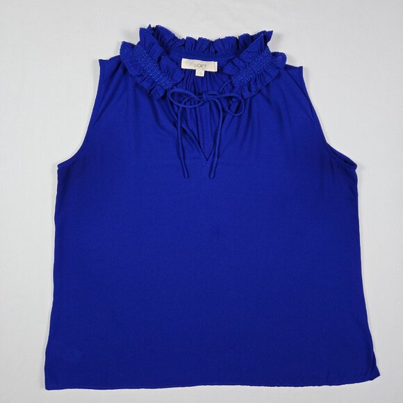 LOFT Royal‎ Blue Ruffle Tie Neck Sleeveless Blouse Romantic Feminine Sz M - Picture 5 of 11